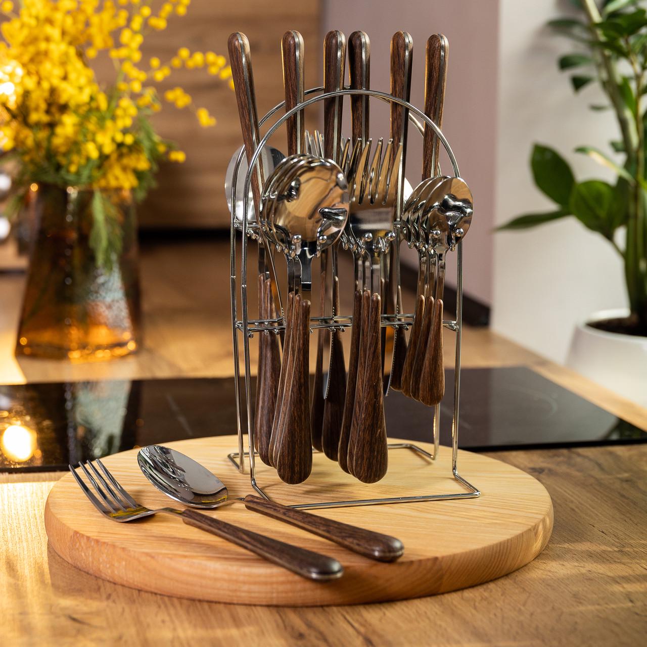 Набор столовых приборов на 6 персон с деревянными ручками на подставке столовых приборов 24 шт. Серебристый (HP-20-1)