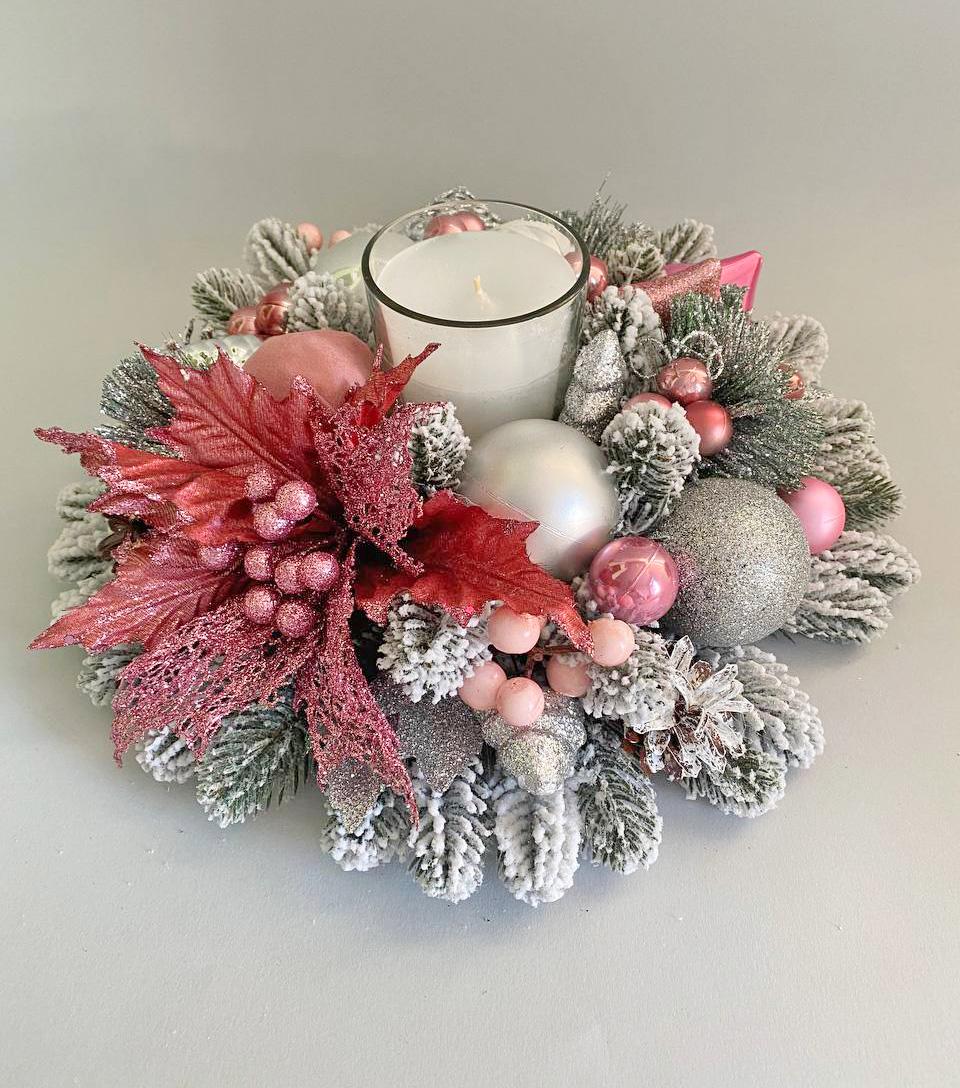 Новогодняя композиция со свечой Нежность Бело-розовый - фото 4 Новогодняя композиция со свечой Нежность Бело-розовый - фото 4