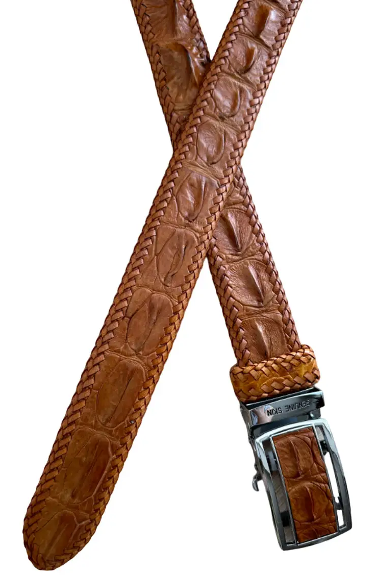 Ремінь чоловічий Ekzotic leather crb05 із натуральної шкіри крокодила з обплетенням Коньячний