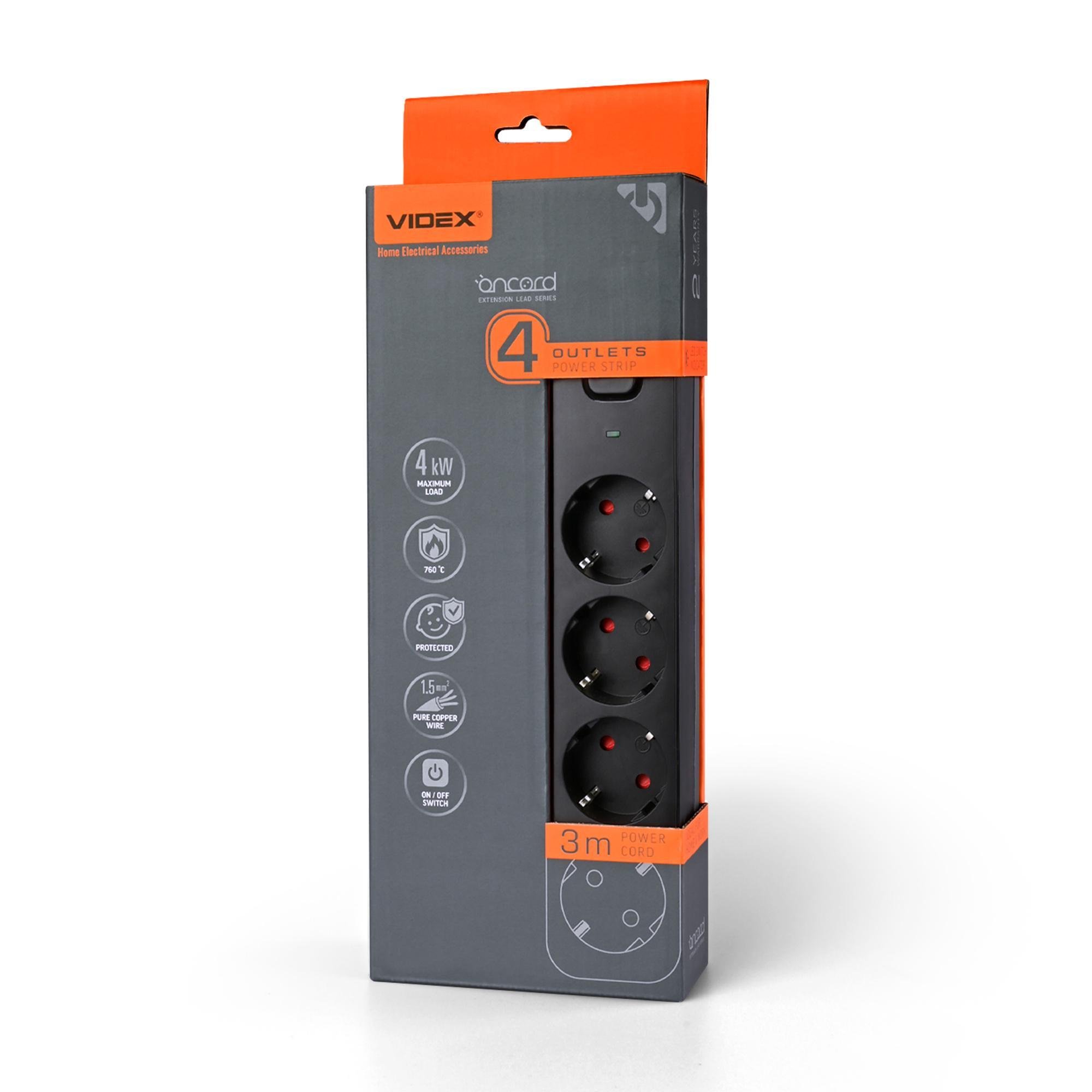 Удлинитель Videx ONCORD 4 гнезда с заземлением/кнопкой/шторками 3 м Черный (VF-PD43G-B)