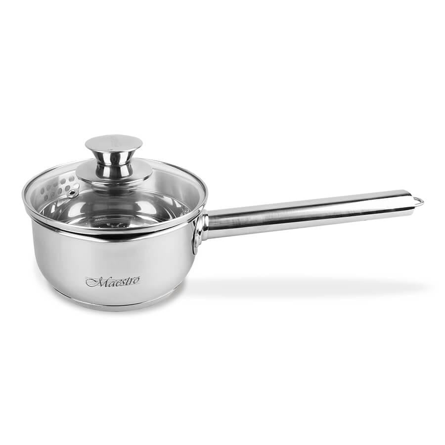 Ковш 1 л из нержавейки с крышкой-дуршлагом и мерной шкалой