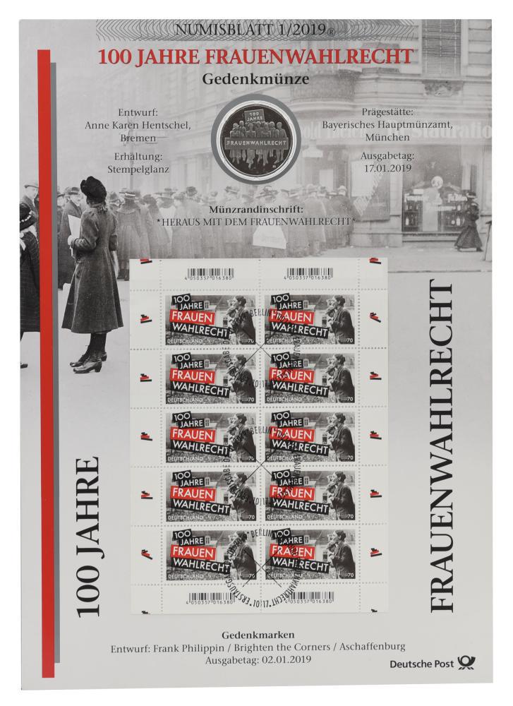 Коллекционная монета Германия 20 евро 2019 серебро AU-UNC D 100 лет женскому избирательному праву в сувенирной упаковке (М21736)