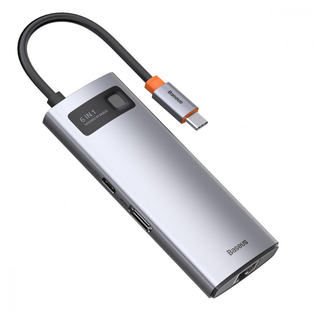 USB-Хаб BASEUS Metal Gleam Series 6-in-1 (3xUSB3.0 + 4KHD + RJ45 + Type-C) сірий