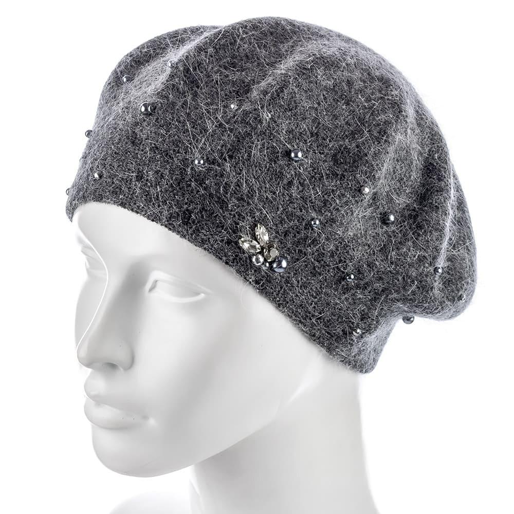 Берет ангоровый Actrics WH767 двойной с бусинами L р. 57-58 Темно-серый