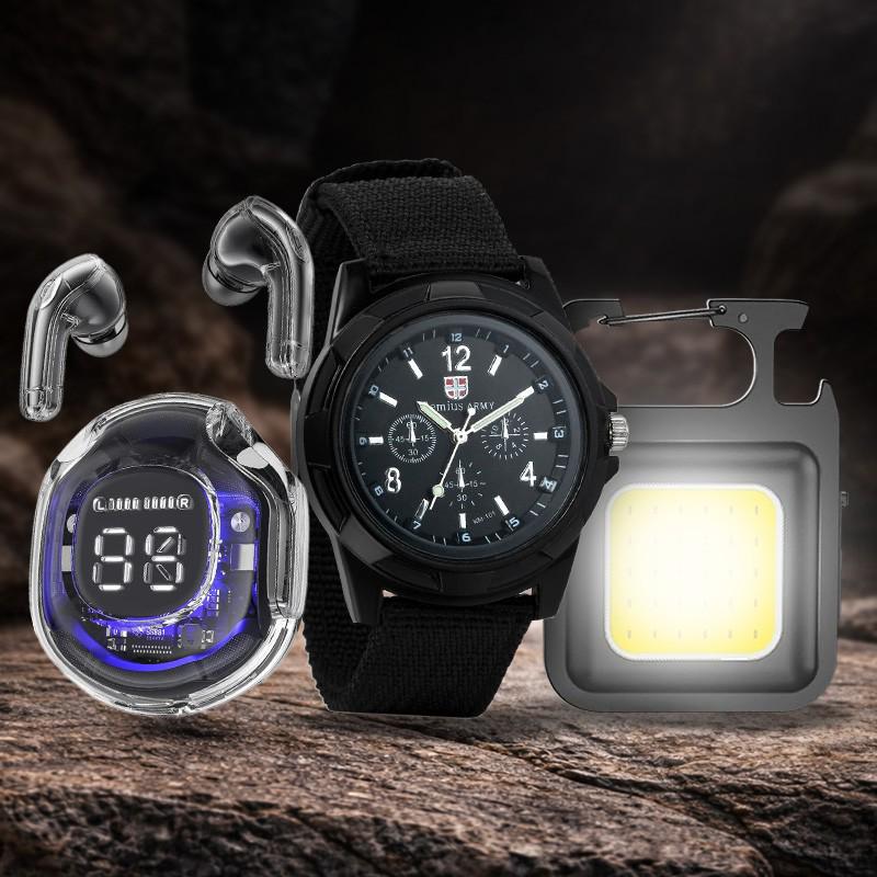Наушники беспроводные Ultrapods Pro и Мужские часы Genius Army и Фонарь LED с карабином и магнитом