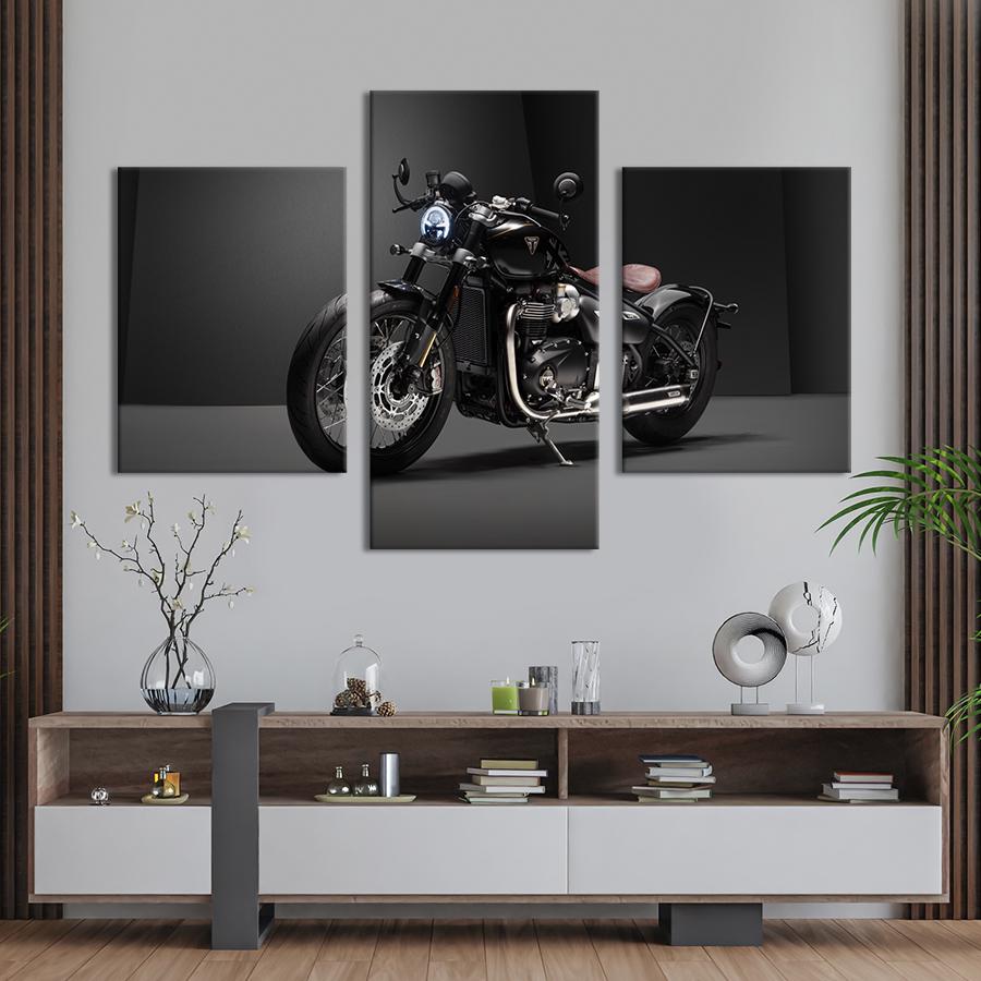 Картина на холсте триптих Брутальный чёрный байк Triumph Bobber Bonneville 96x60 см (1406-32)