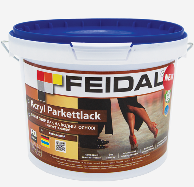 Лак паркетный полиуретановый Feidal Acryl Parkettlack глянцевый на водной основе для деревянных полов 3 л Прозрачный (1816103926)