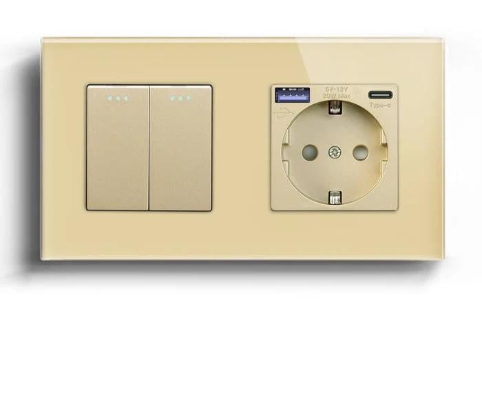 Выключатель двойной LUXION с розеткой USB A+C 20Вт с заземлением стекло Золотой