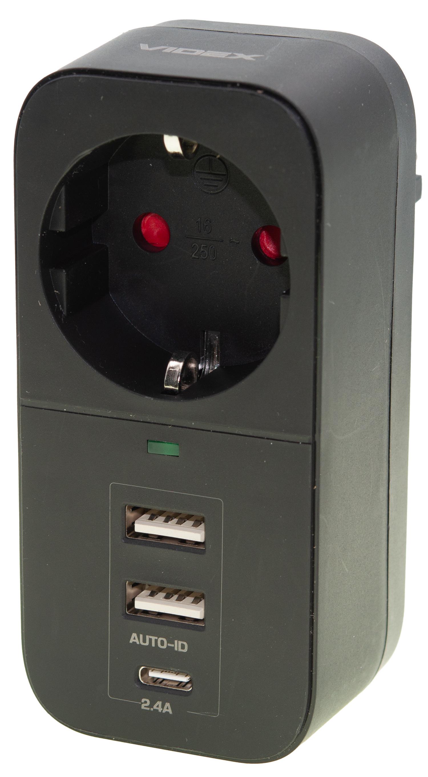 Мережевий адаптер VIDEX ONCORD з/з 1p 2,4A 2USB/USB-C Black (VF-AD1G2U1C-B)