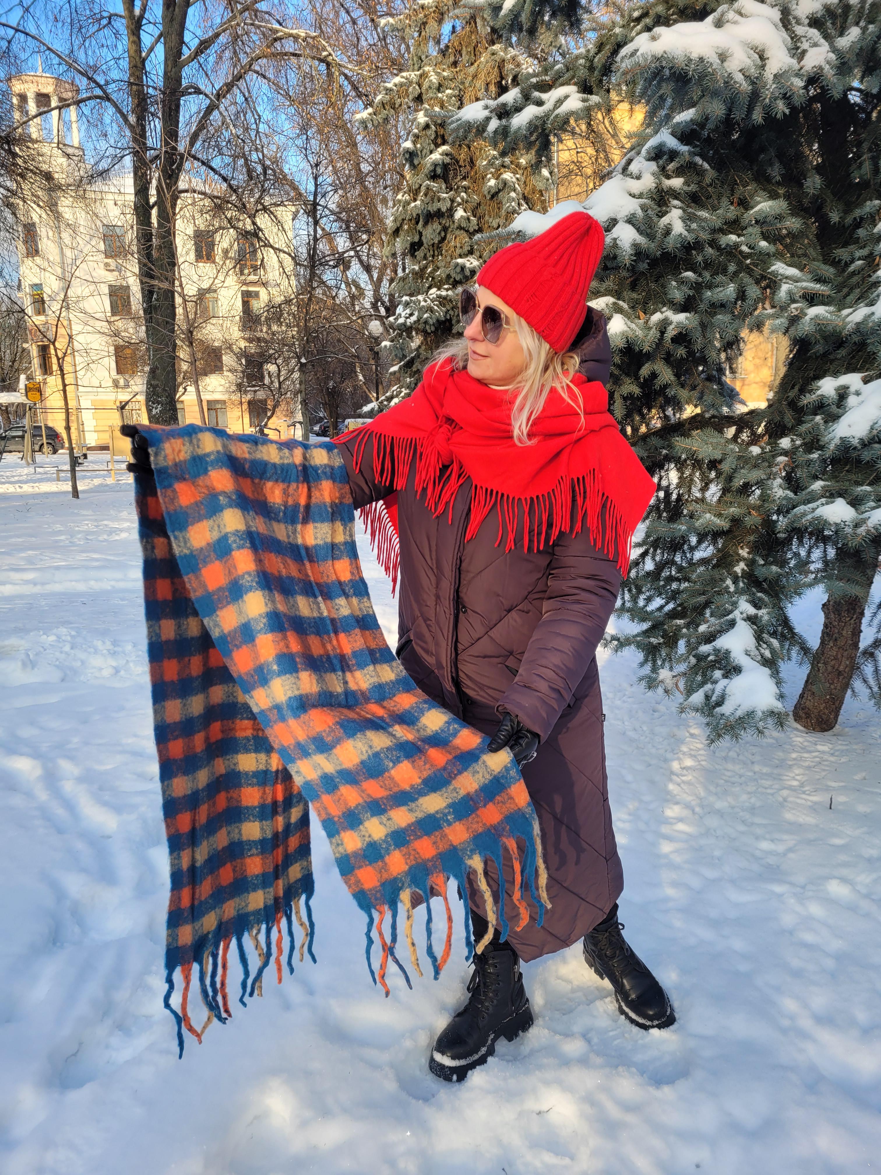 Шарф женский кашемировый Дред клетка бахрома большая 210x40 см Оранжево-бирюзовый (00843/05)