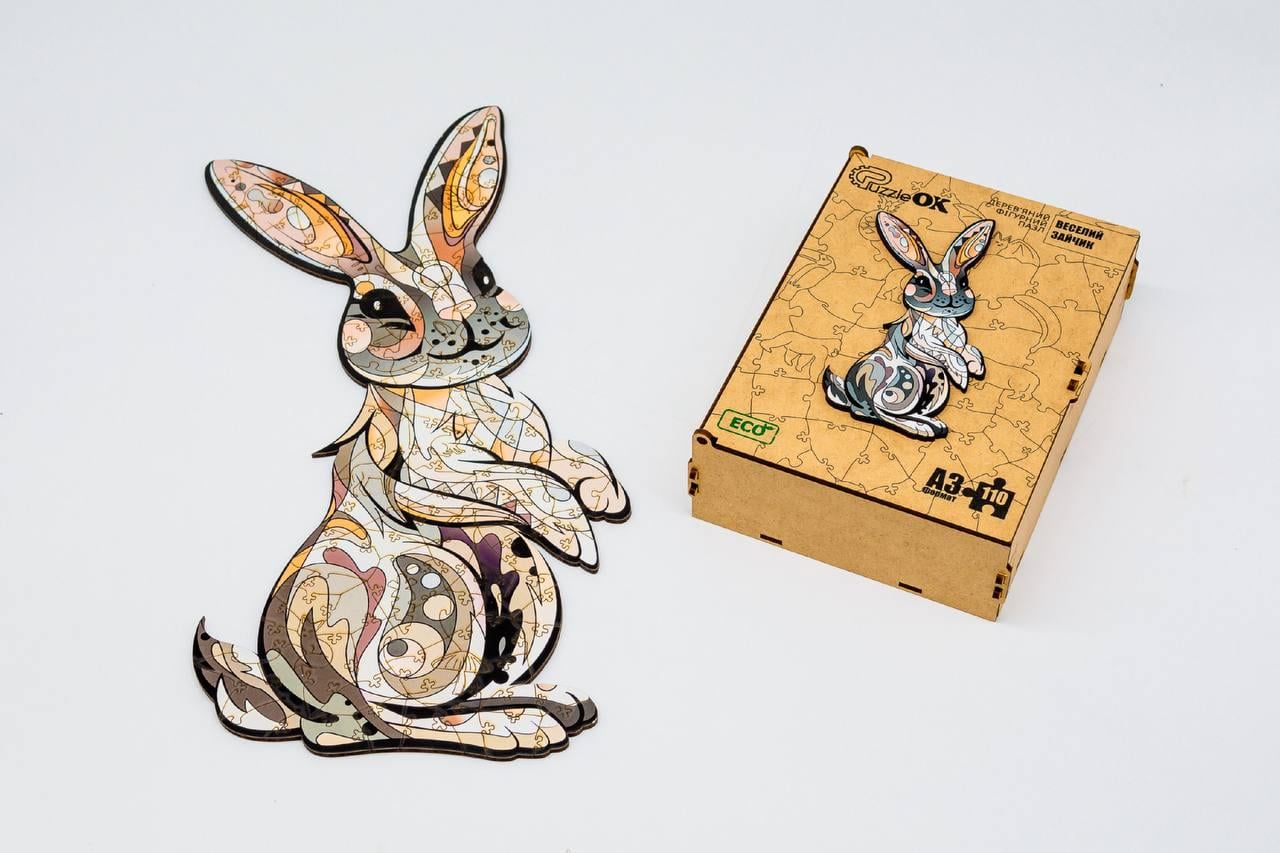 Пазл деревянный фигурный PuzzleOK Веселый зайка в деревянной коробке