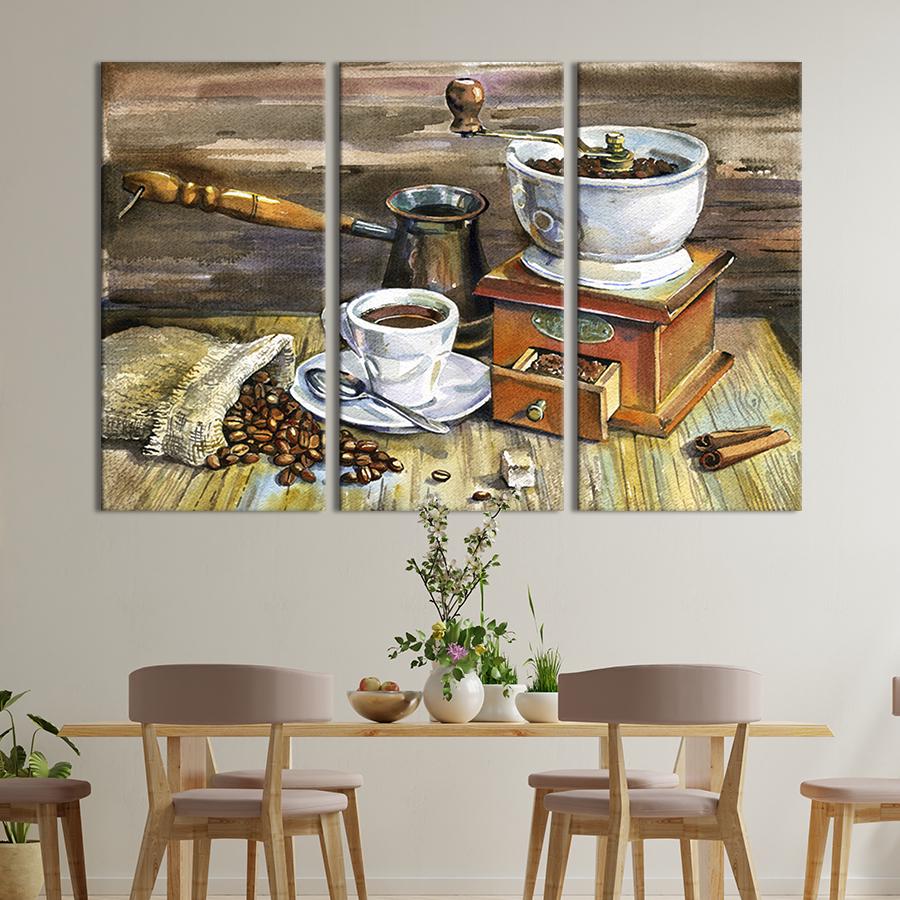 Модульная картина триптих Чашка кофе и мешочек с зернами 128x81 см (299-31)