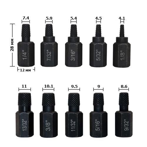 Набір біт екстракторів для вилучення пошкоджених болтів 1/8-13/22 сталь 10 шт. Black (927100) - фото 3 Набір біт екстракторів для вилучення пошкоджених болтів 1/8-13/22 сталь 10 шт. Black (927100) - фото 3