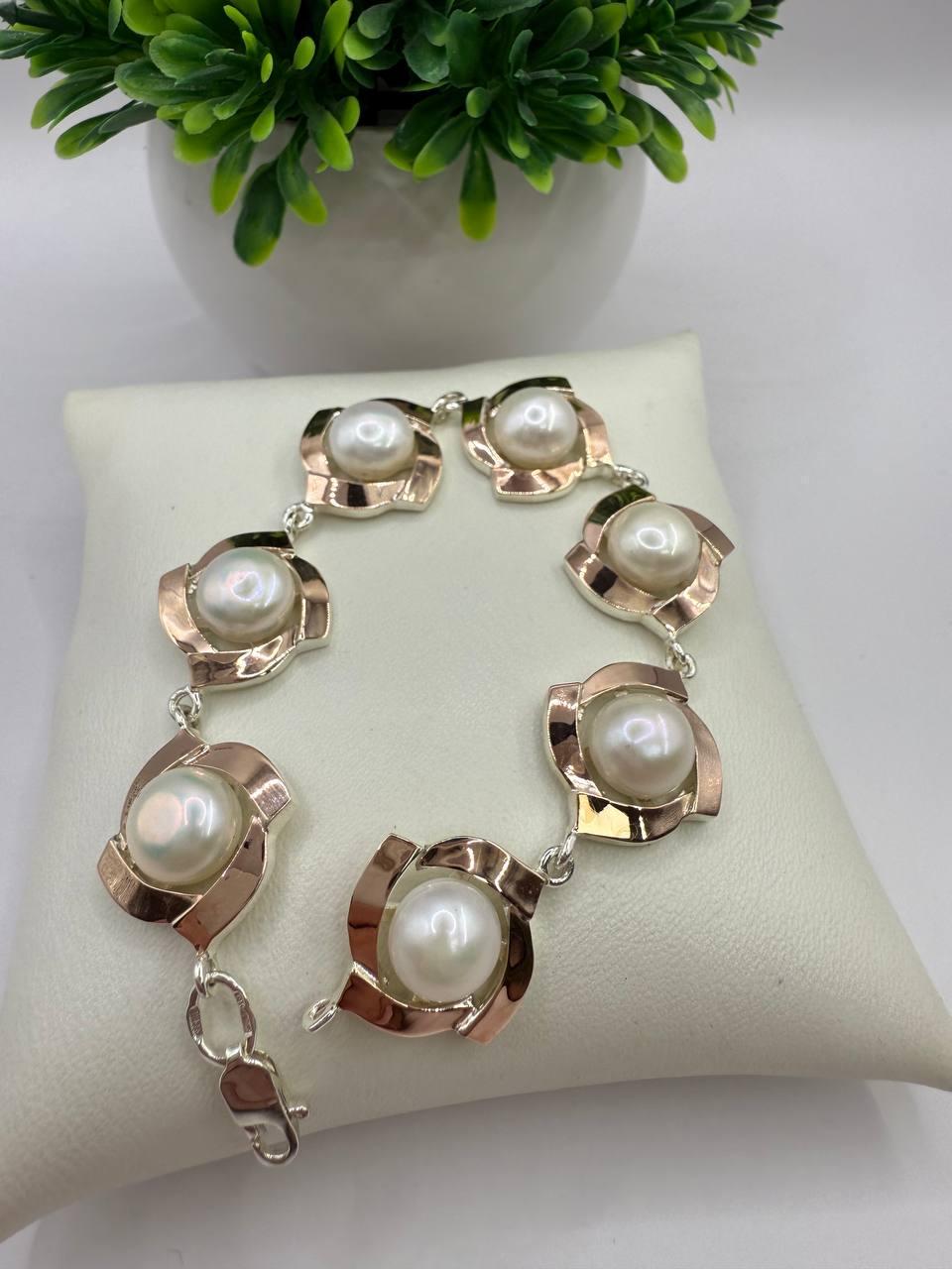 Браслет срібло Люсія зі вставками золота з перлинами 18 см (2589385970)