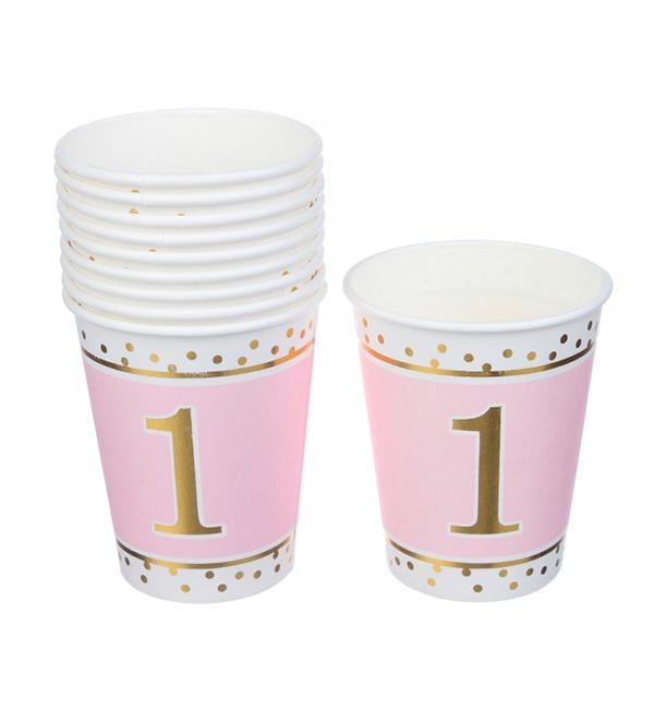 Паперові склянки 1 рік 10 шт. 210 мл картон Рожевий/Золотий