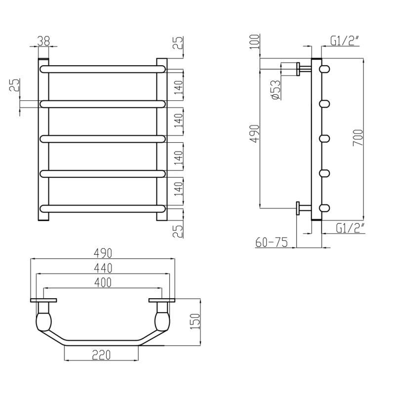 Сушарка для рушників водяна Lidz Trapezium (CRM) D38/25 400x700 P5 (11796) - фото 2