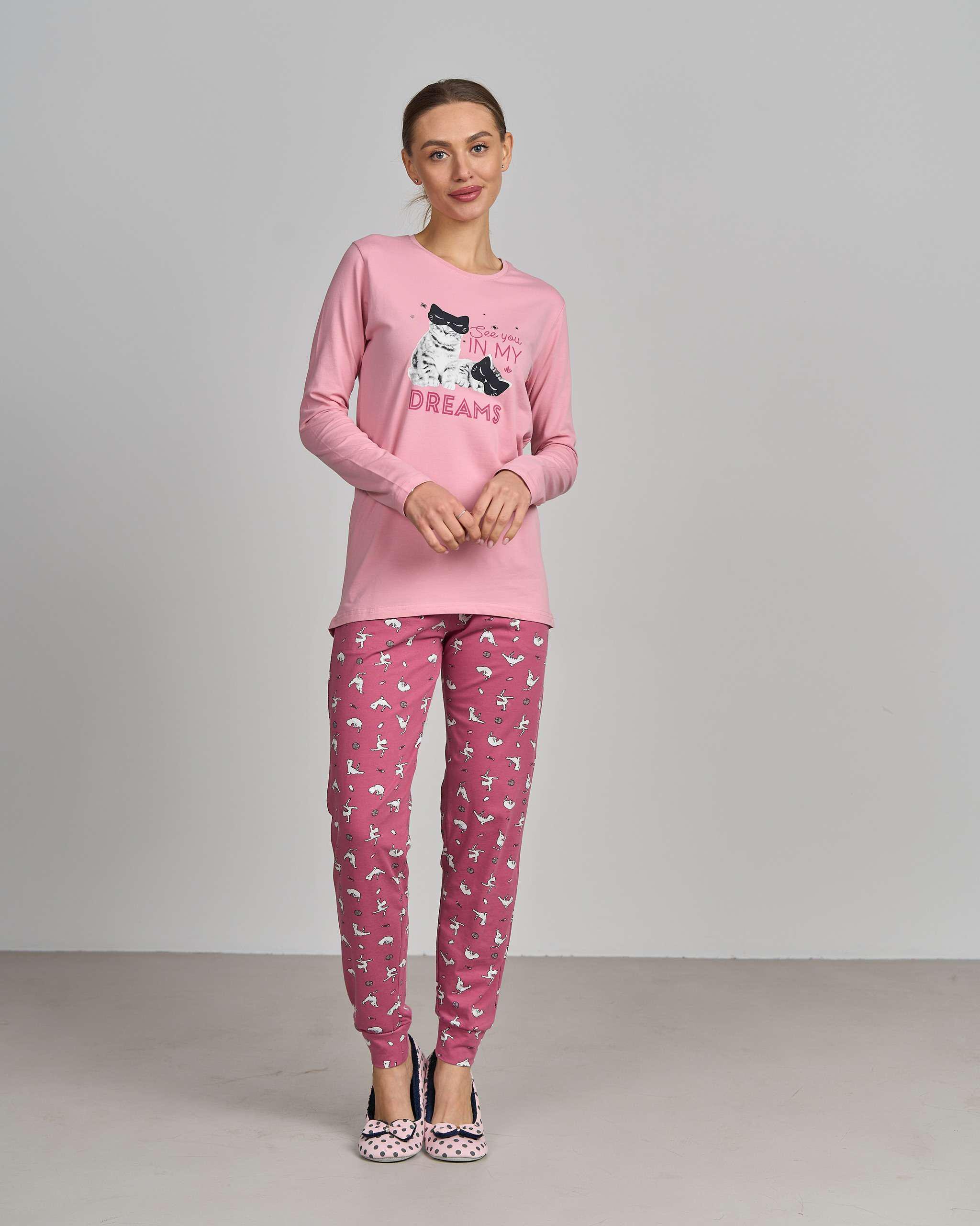 Піжама жіноча зі штанами Два котика S Рожевий (96573)