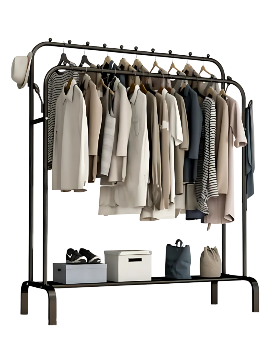Стійка-вішалка підлогова для одягу подвійна розкладна з стоперами і полицями для взуття 150х110х54 см Чорний (463947650197)