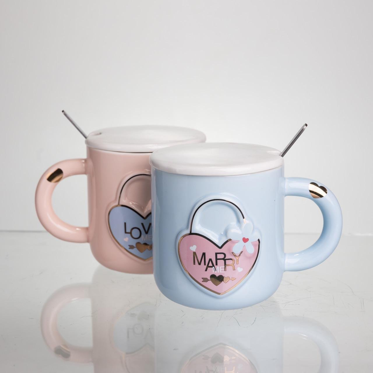 Набір чашок порцелянових із серцем із кришкою та ложкою 2 шт. по 400 мл Рожевий з блакитним (FM-32) - фото 5 Набір чашок порцелянових із серцем із кришкою та ложкою 2 шт. по 400 мл Рожевий з блакитним (FM-32) - фото 5