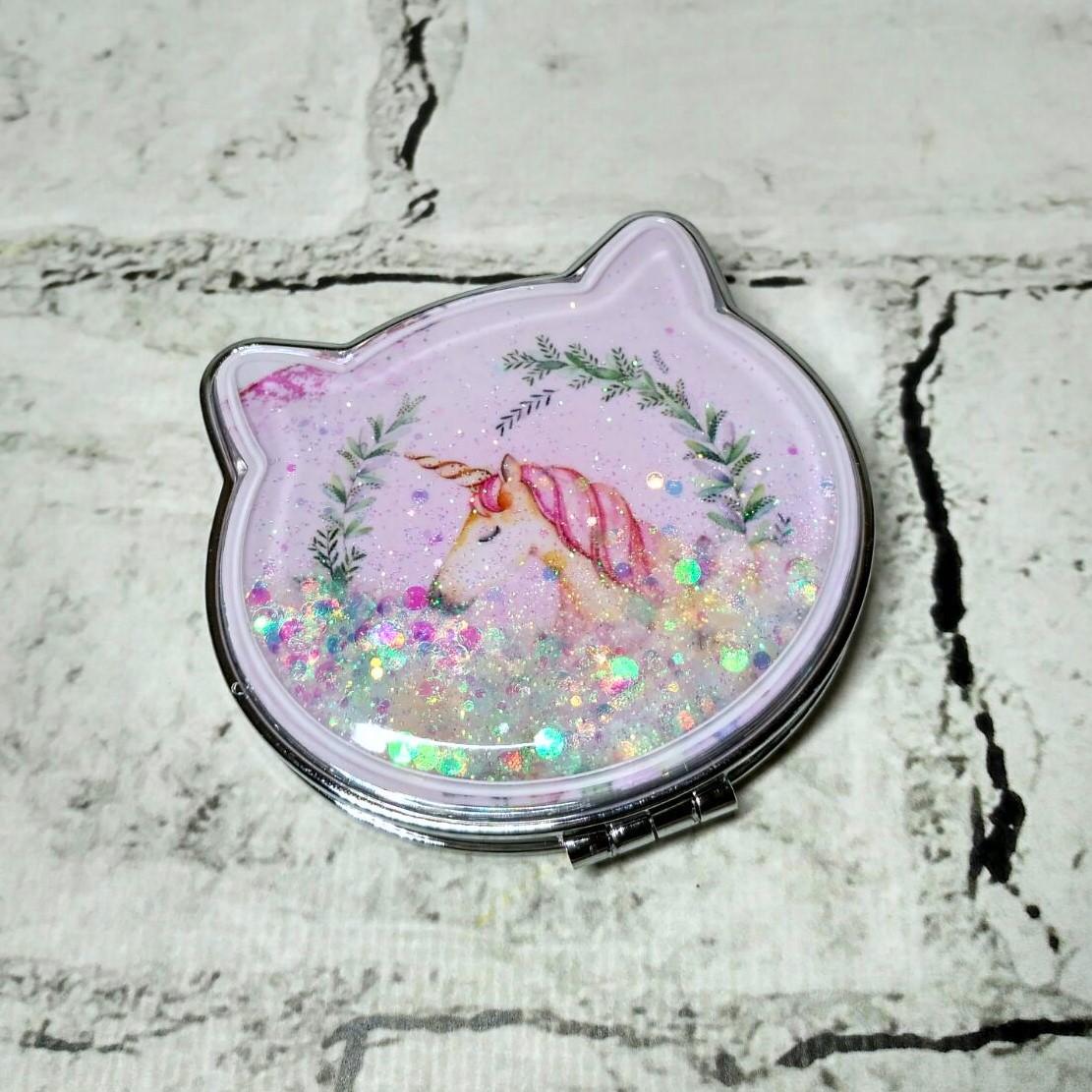 Зеркало карманное косметическое Единорог жидкие блестки 7,5х7 см (А51-2)