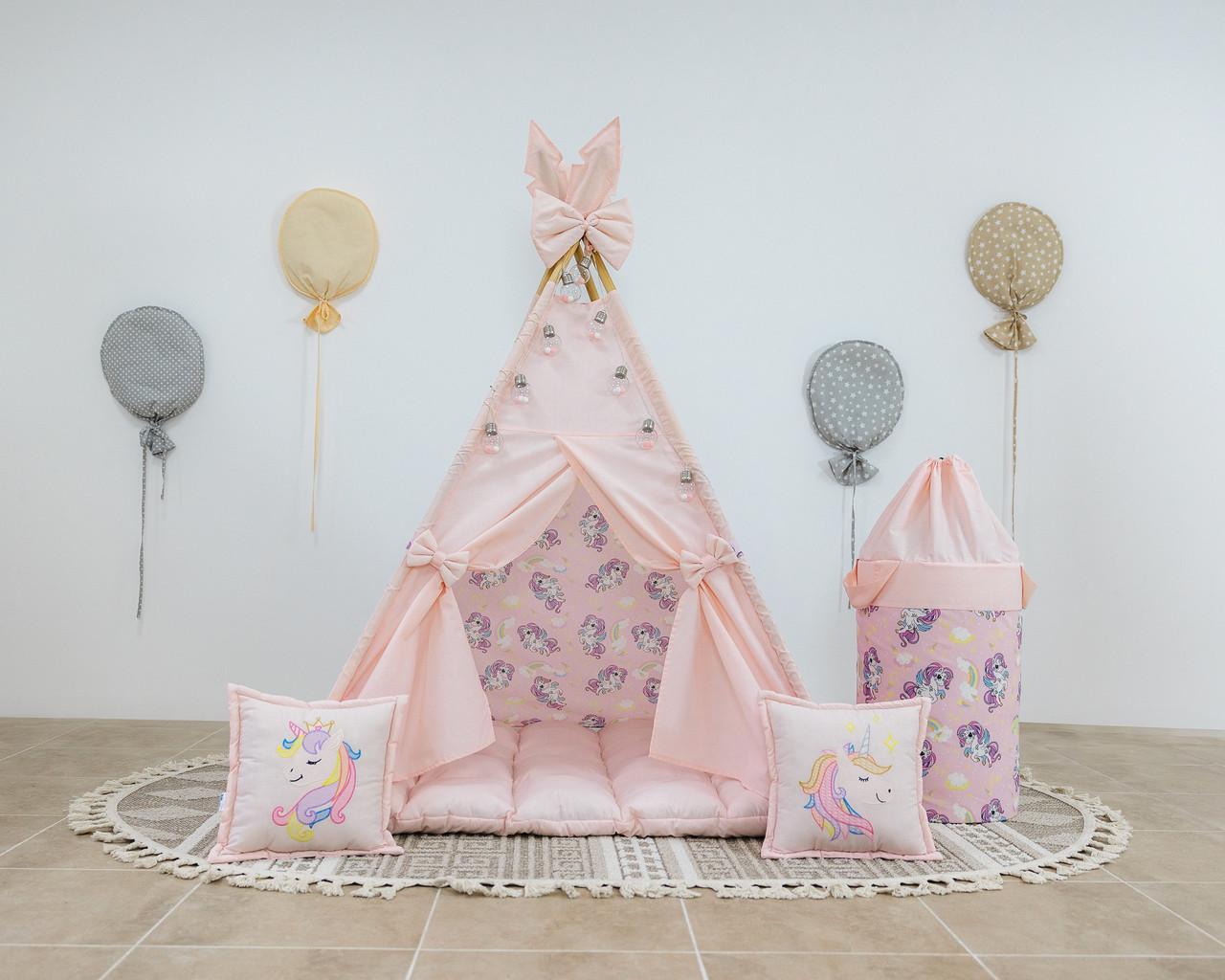 Вигвам для девочки Unicorn матрас БОН БОН с подугками и бантом с корзиной - фото 3
