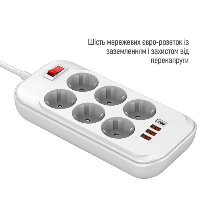 Сетевой фильтр ColorWay CW-CHE64PDW 6 розеток 1 USB-C PD 3 USB-A QC3.0 36W 2 м White (26075476) - фото 3