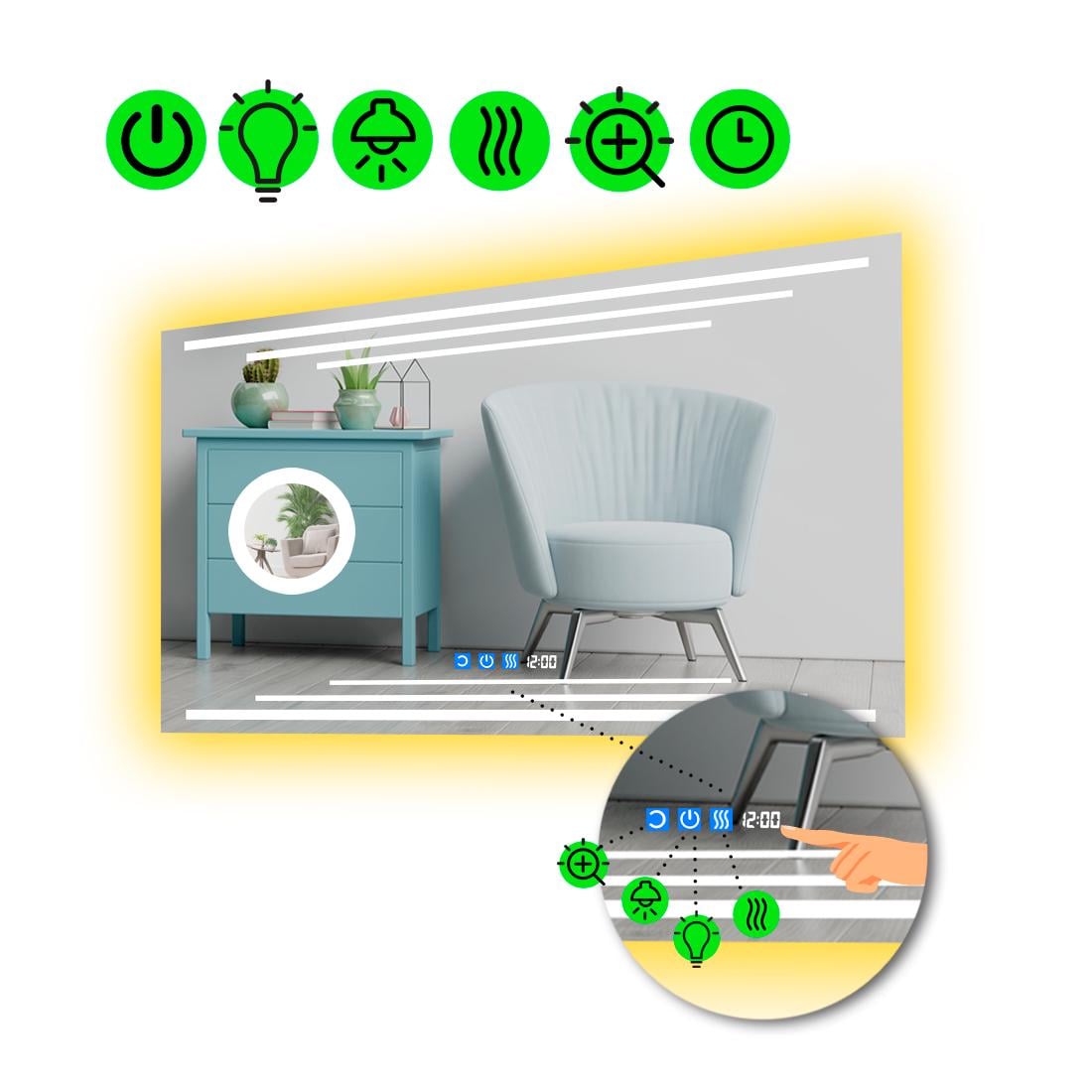 Зеркало с LED подсветкой Francisca с тремя сенсорами и линзой с подсветкой 90x80 см (8776220)