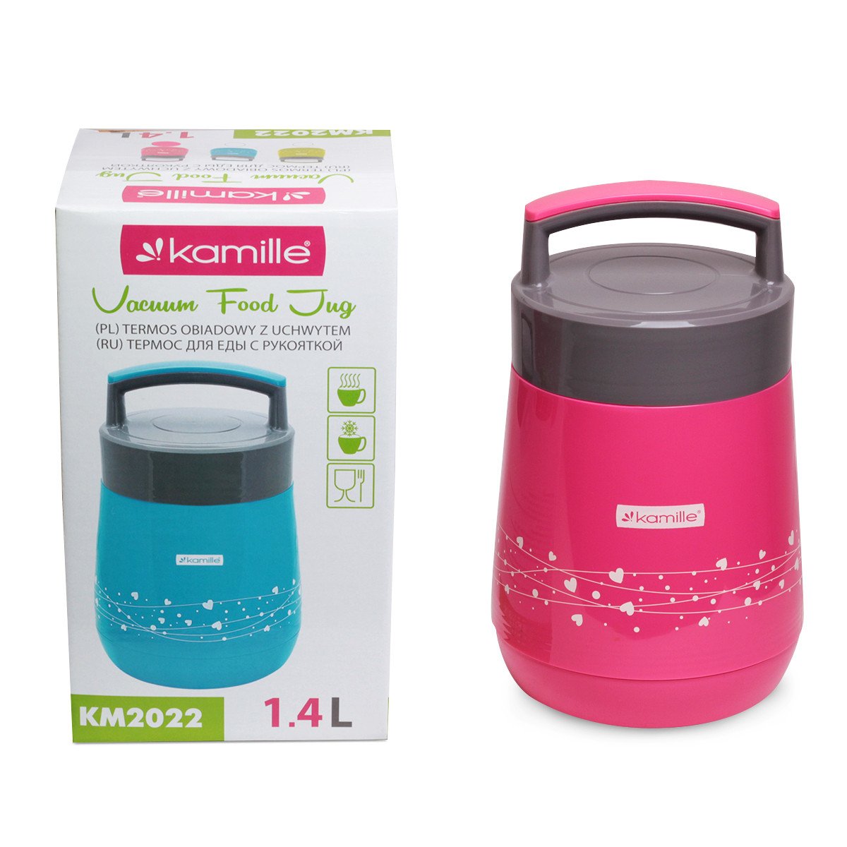 Термос пищевой Kamille 1400 мл пластиковый со стеклянной колбой и 2 емкостями Красный KM-2022RD