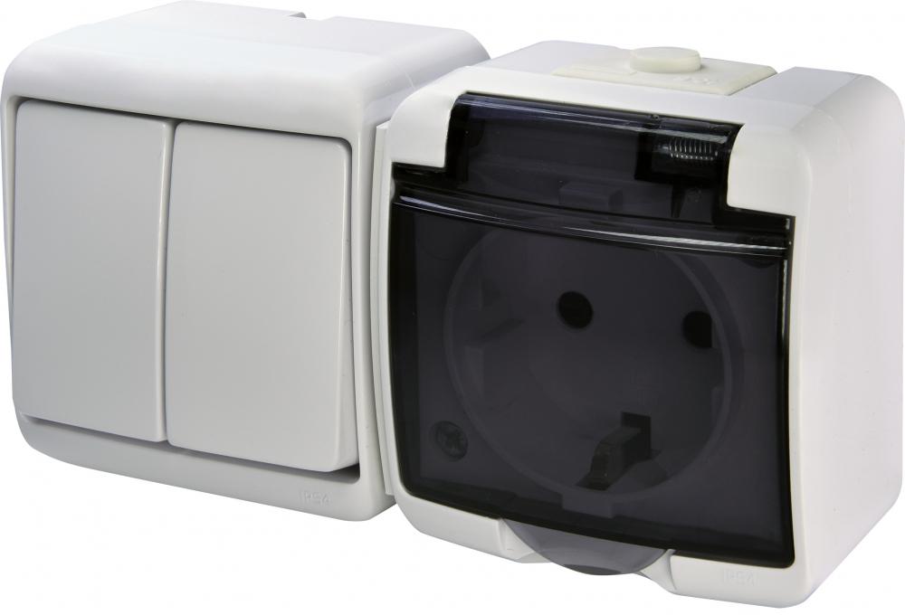 Розетка наружная ETI VRHH-2sd с заземлением/2-клавишным выключателем горизонтальная с прозрачной крышкой IP54 Белый (4668034)