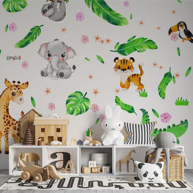 Стикеры детские на стену Тропические листья и Животные Sticker Wall SW-00001019 40х80 см 3 листа 120х80 см