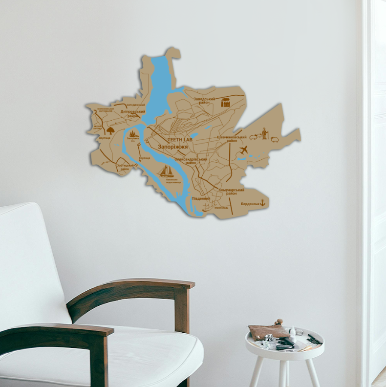 Декор настенный в стиле минимализм деревянное Decart Карта Запорожья на кухню гостиную и спальню 120х96 см