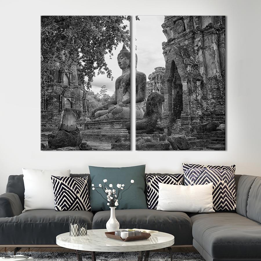 Настенный декор диптих картина на холсте для интерьера Большая статуя Будды 111x81 см (82-2)