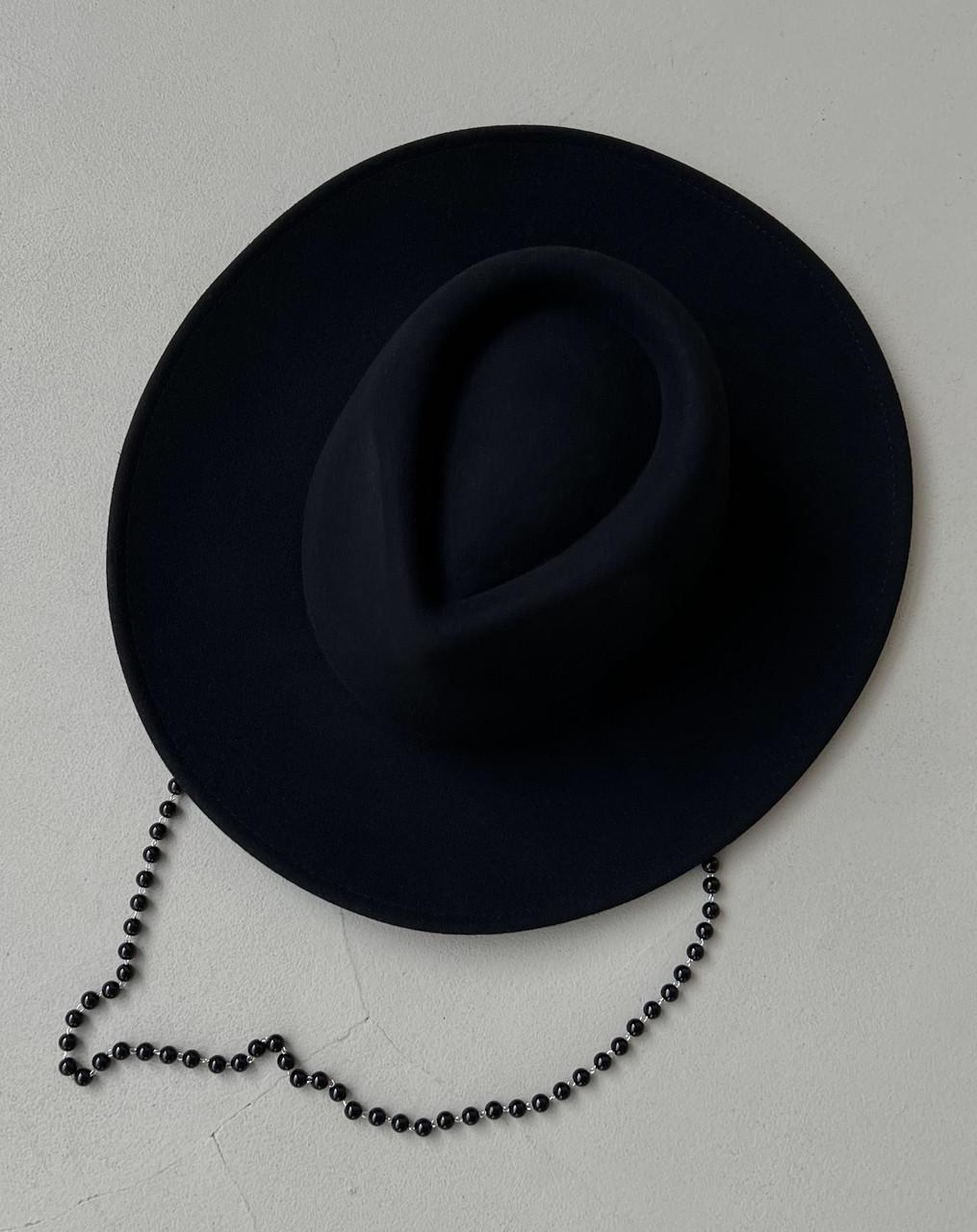 Шляпа федора фетровая широкополая Black Charm Fedora из шерсти унисекс с цепочкой и бусинами Черный - фото 7