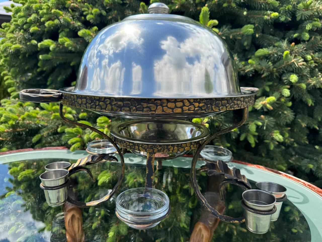 Садж для подачі шашлику камінь з підігрівом 3 соусниці 6 чарок 36 см - фото 5