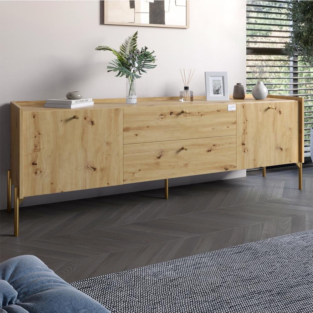 Тумба под телевизор с ящиками Lion Wood с золотыми ножками 180х50х40 см Дуб Артизан (000-000-2413)