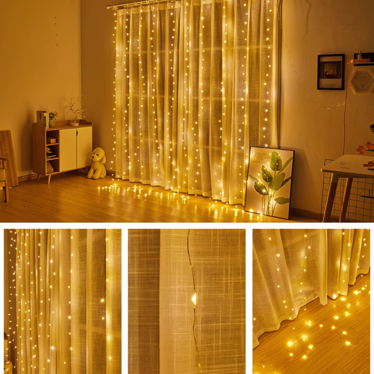Гірлянда штора з гачками 3x3 м 300 LED з пультом USB Теплий - фото 3 Гірлянда штора з гачками 3x3 м 300 LED з пультом USB Теплий - фото 3