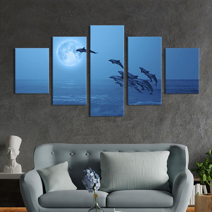 Модульная картина из 5 частей на холсте интерьерная картина Дельфины в прижке 162x80 см (209-52)
