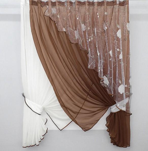 Занавеска на кухню/балкон 300х170 см Коричневый/Молочный (063к)