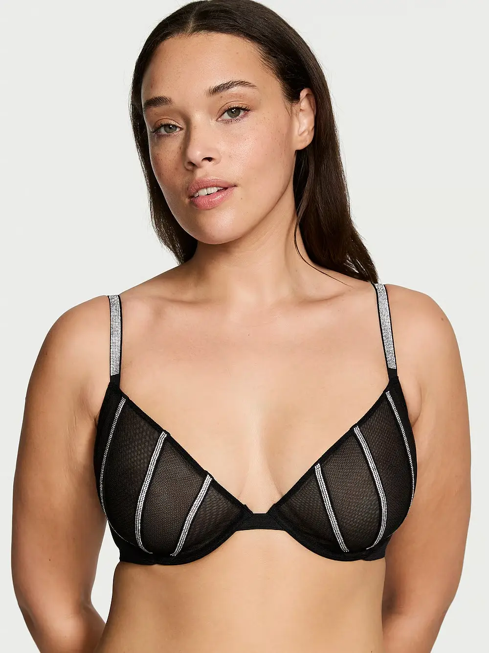 Бюстгальтер демі без підкладки зі стразами Victoria's Secret Sheer Shine Low-Cut Demi Bra 75B Чорний (19475232)