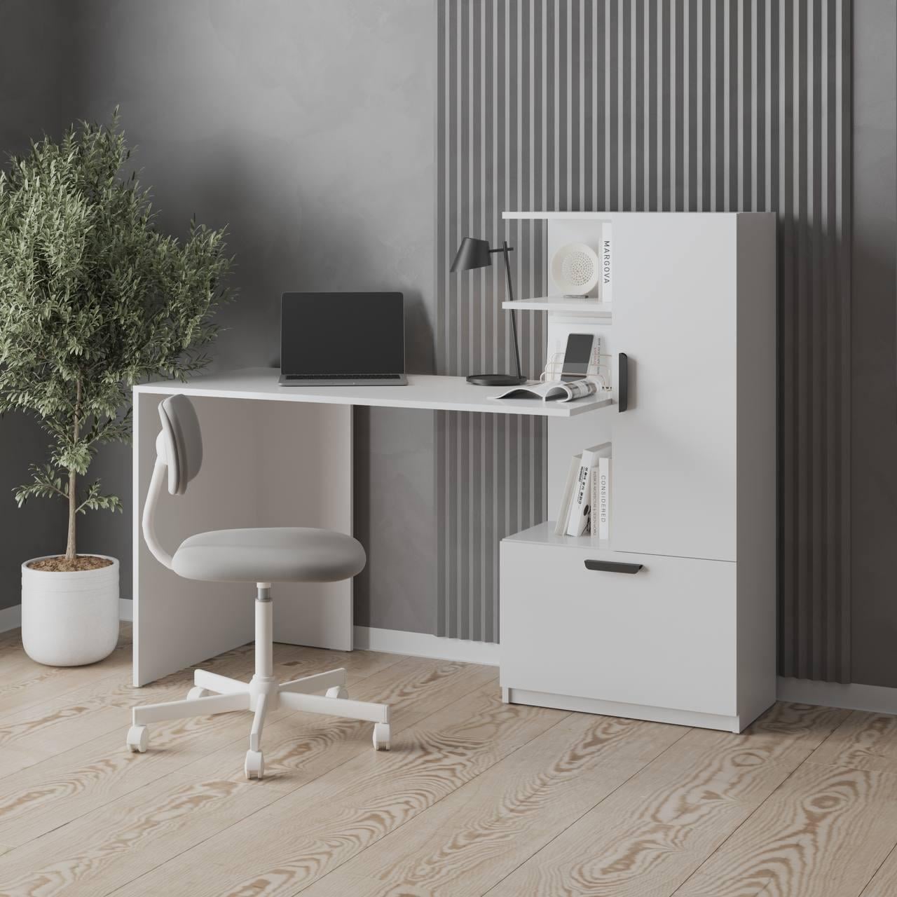 Компьютерный стол с тумбой и полками справа ЛДСП 150х58x122 см Белый (M-52)