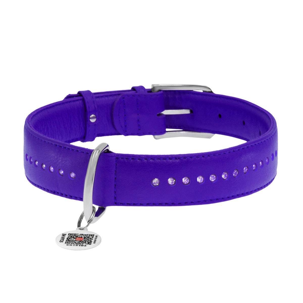 Ошейник для собак кожаный Waudog Glamour с QR паспортом/двойной со стразами S 15 мм х 27-36 см Фиолетовый (38749 Col)