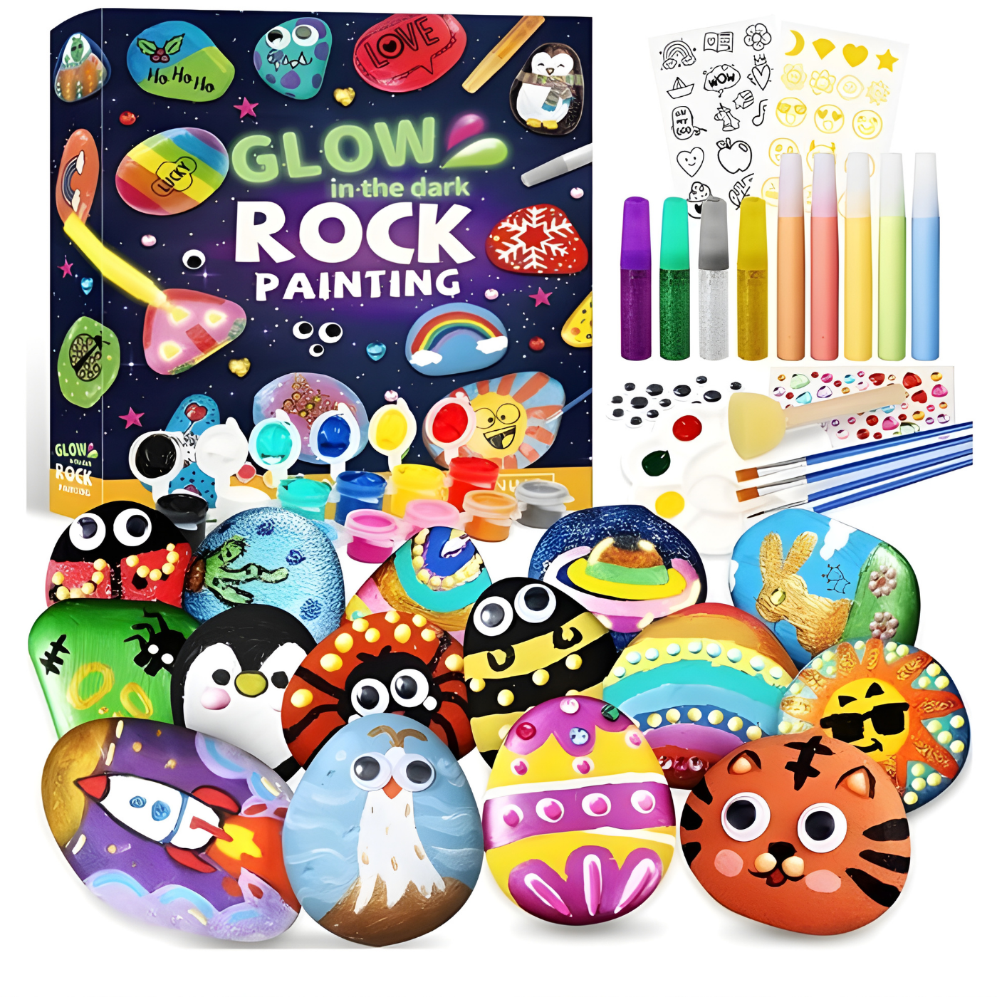 Набір для малювання на камені світиться у темряві з фарбами/пензлями/наклейками (JH-RK01) Набір для малювання на камені світиться у темряві з фарбами/пензлями/наклейками (JH-RK01)