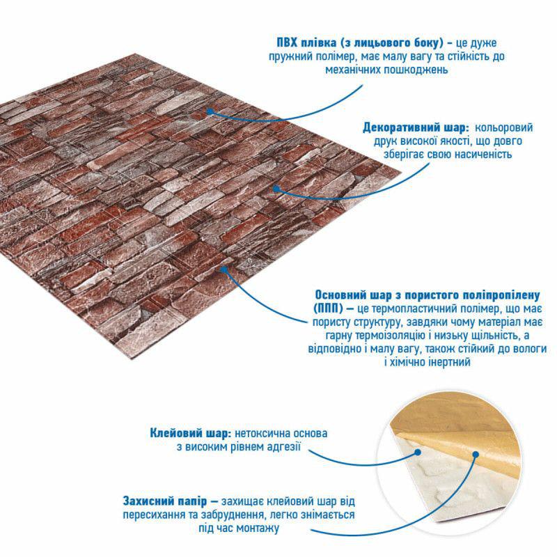 3D-панель декоративная самоклеящаяся под кирпич 700x770x3 мм Красный (BPN3-047) - фото 5 3D-панель декоративная самоклеящаяся под кирпич 700x770x3 мм Красный (BPN3-047) - фото 5