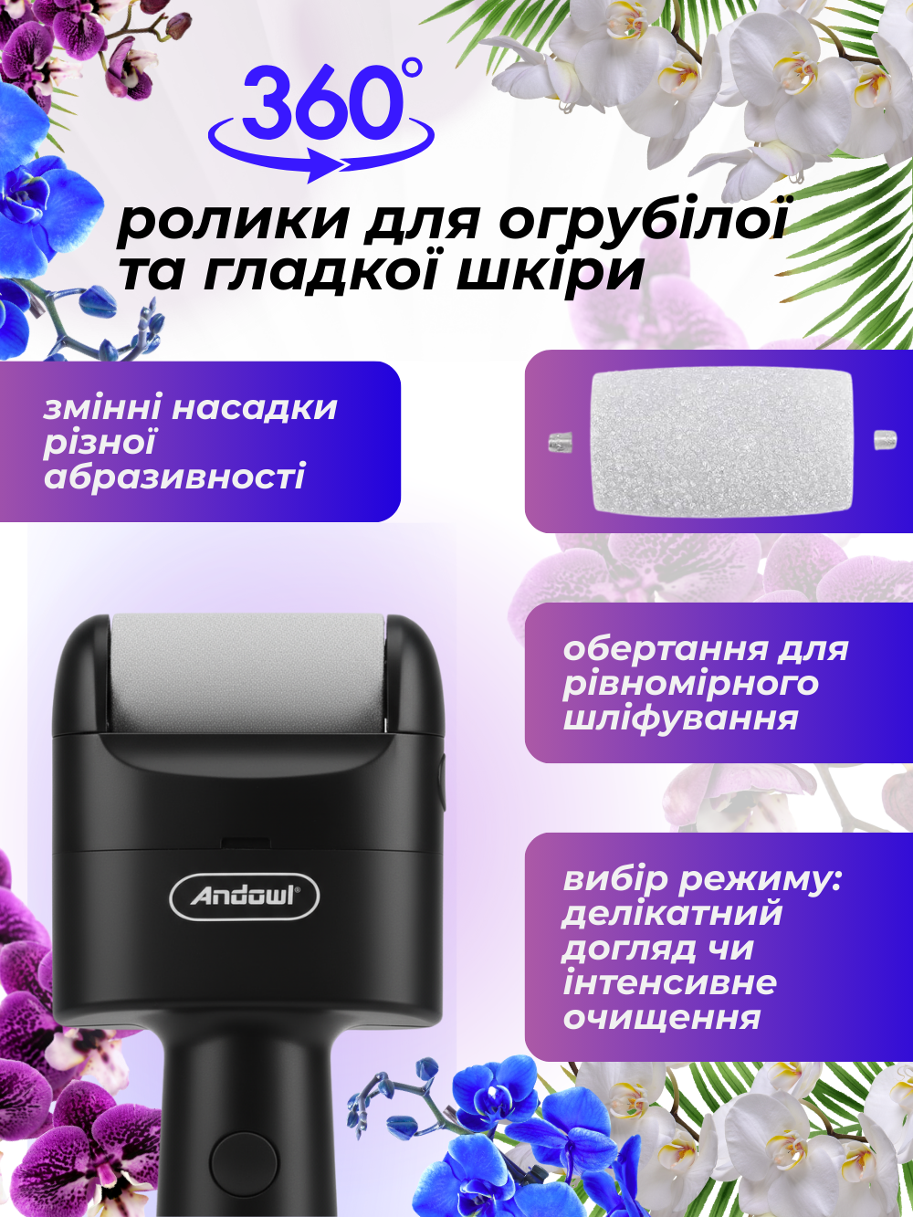 Пилка-пемза для стоп Andowl Q-X8X1 електрична акумуляторна Чорний (9217691f) - фото 3
