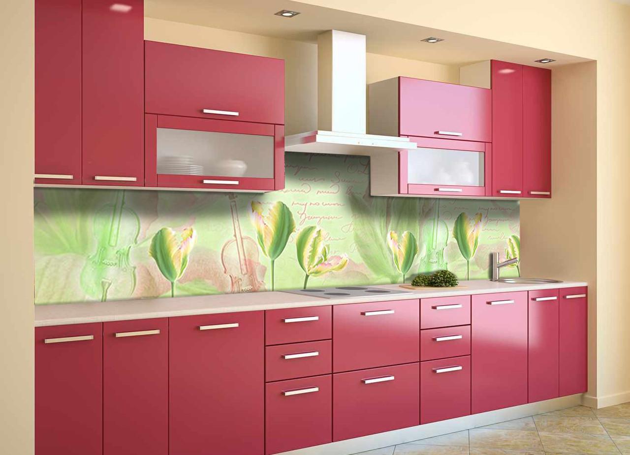 Кухонный фартук Тюльпаны скрипка из самоклеющейся виниловой пленки 60х250 см Зеленый