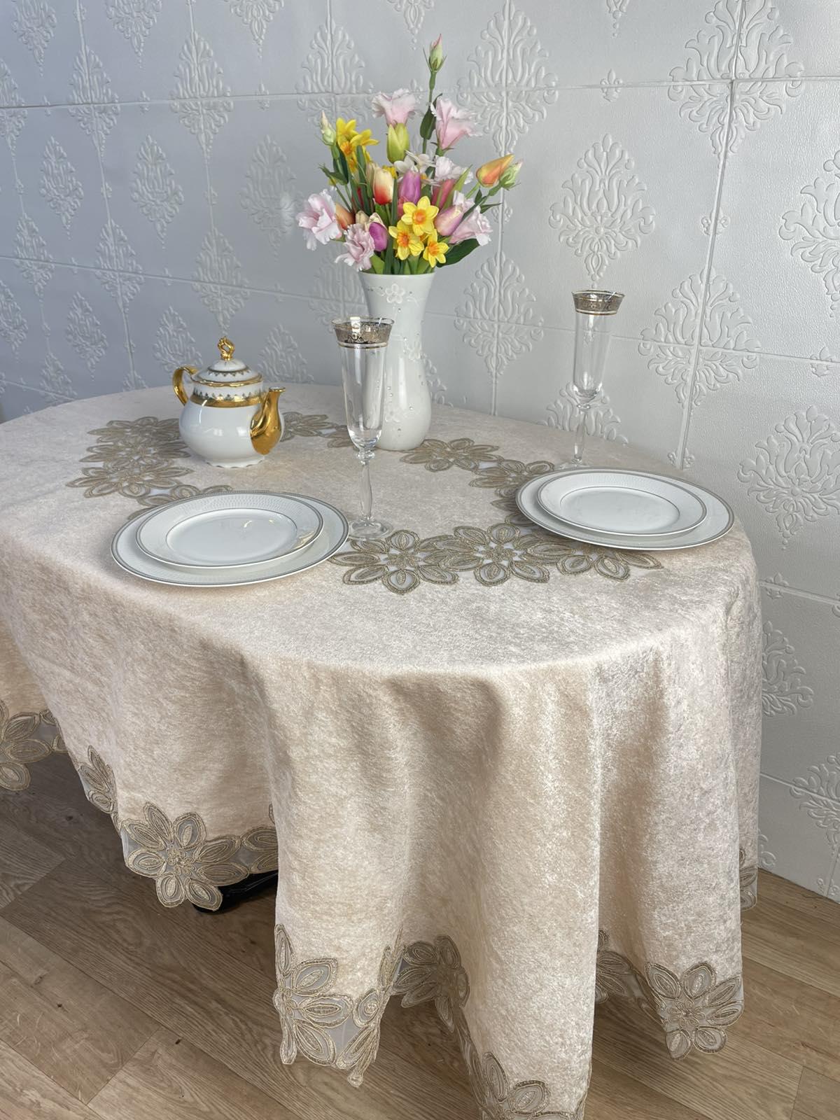 Скатертина велюрова Acme Tekstil PVS Daisy ovale 160x300 см Capuccino (CN37717)