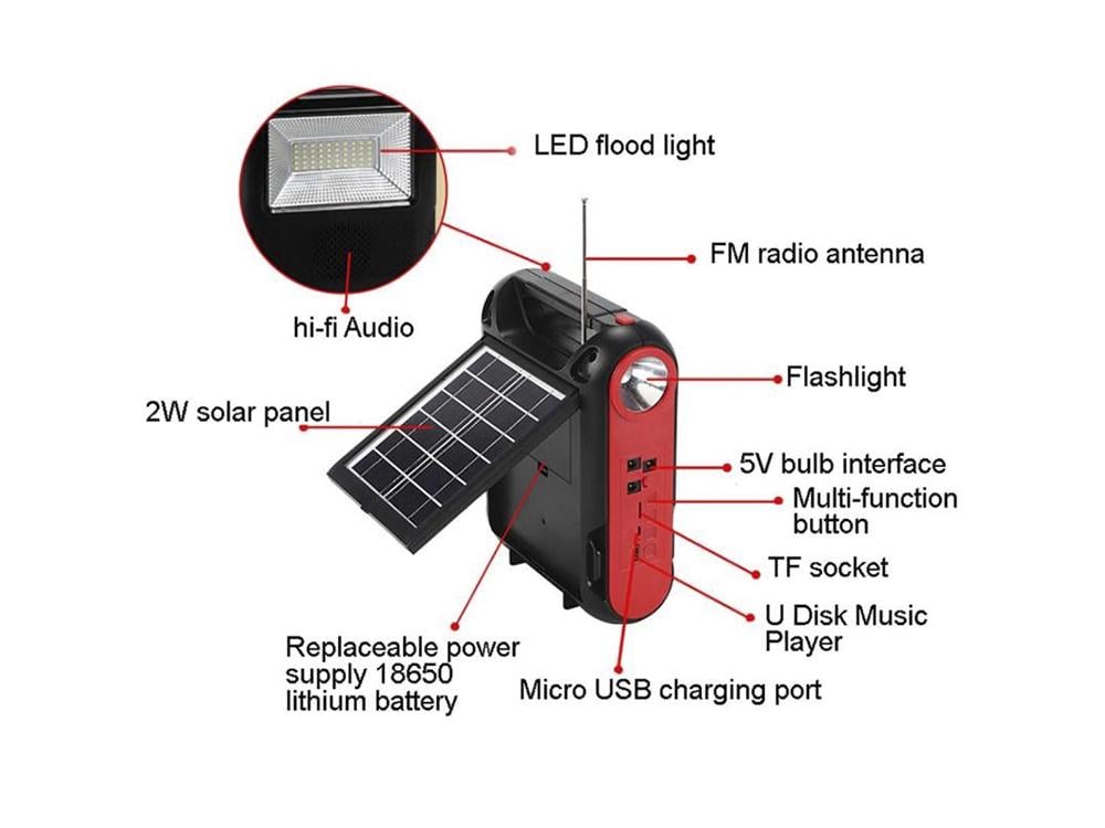 Ліхтар із Bluetooth-колонкою/радіо/зарядний пристрій із сонячною панеллю та 3 світлодіодні лампи (1011-799-00) - фото 7
