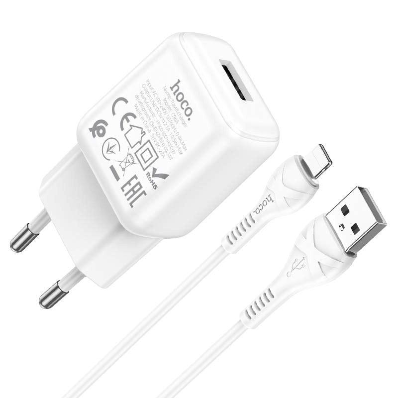 Зарядний пристрій Hoco C96A 1USB/2.1A з кабелем USB Lightning Білий (1830482517)