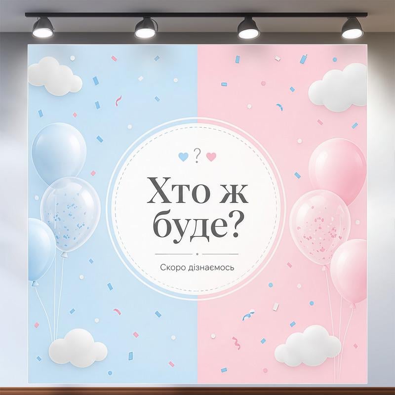 Плакат для фотозоны Кто же будет нежный розово-голубой фон с шариками 120x120см, №48558 Плакат для фотозоны Кто же будет нежный розово-голубой фон с шариками 120x120см, №48558