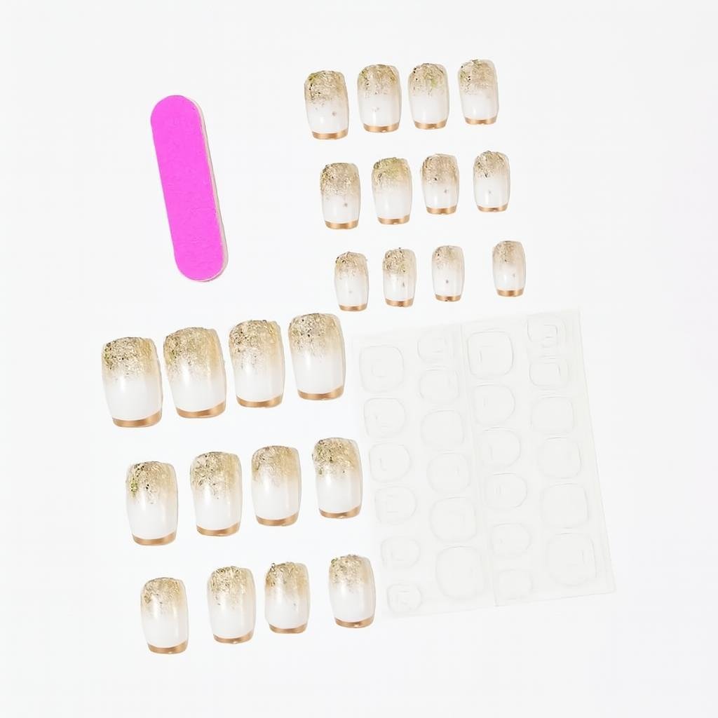 Накладные ногти Сверкающий френч квадрат средней длины с клеевыми пластинами 24 шт. Золотистый (2789190692)